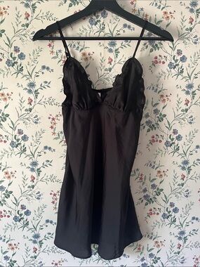 Flora Nikrooz Black Satin Slip Nightgown Lingerie with Ruffle Trim Detail